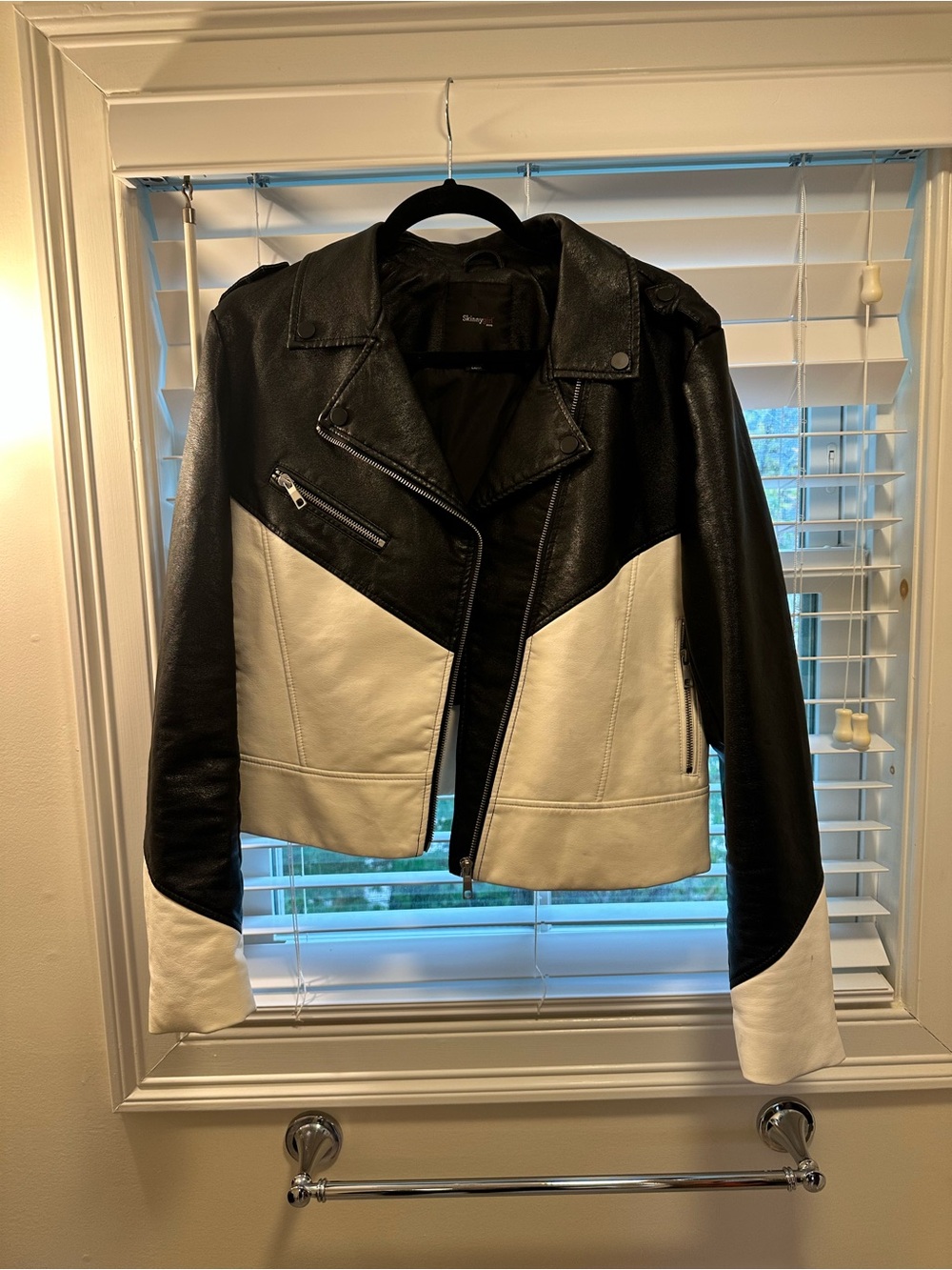 Skinnygirl Black and Cream Faux Leather Colorblock Moto Jacket